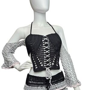 Handmade Crochet Corset Top with Flared Sleeves –‎ Black & Grey Coquette Style